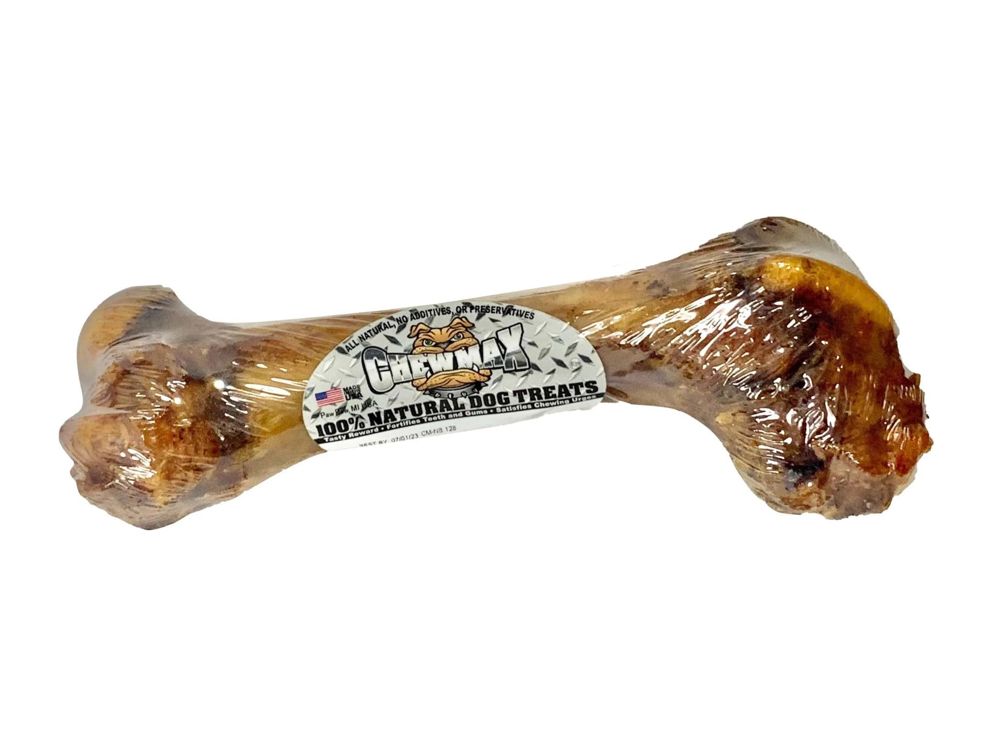 Bone-shaped dog treat sealed in plastic wrap with Chewman label, 100% natural dog treats.