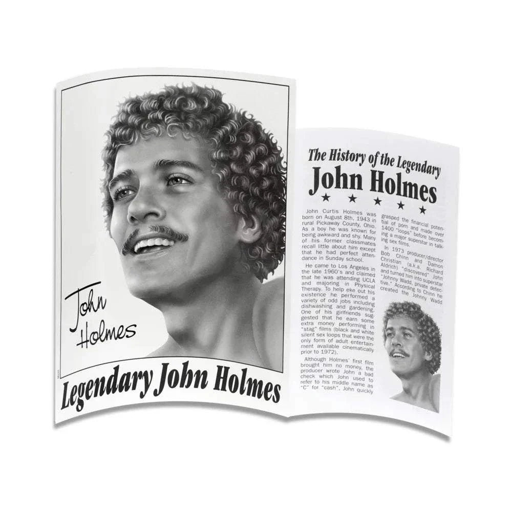 Black and white promotional leaflet featuring a portrait of John Holmes and the history of the legendary adult film star.