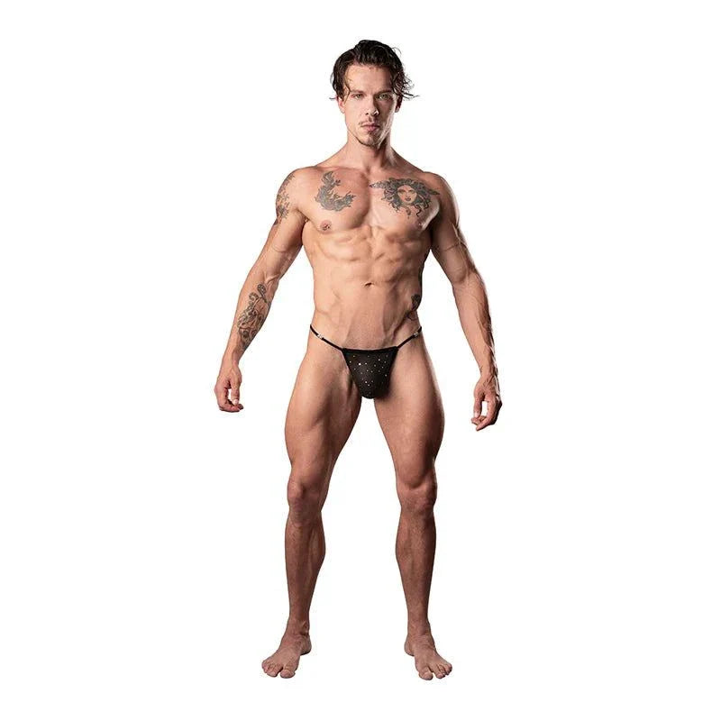 male model wearing Male Power Show Stopper posing strap with silver mesh dots and plush elastic trim