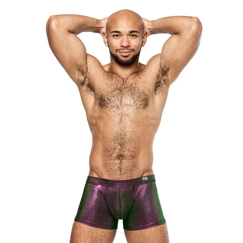 Male Power Hocus Pocus Uplift Mini Short in purple with shimmer fabric and contoured uplift pouch