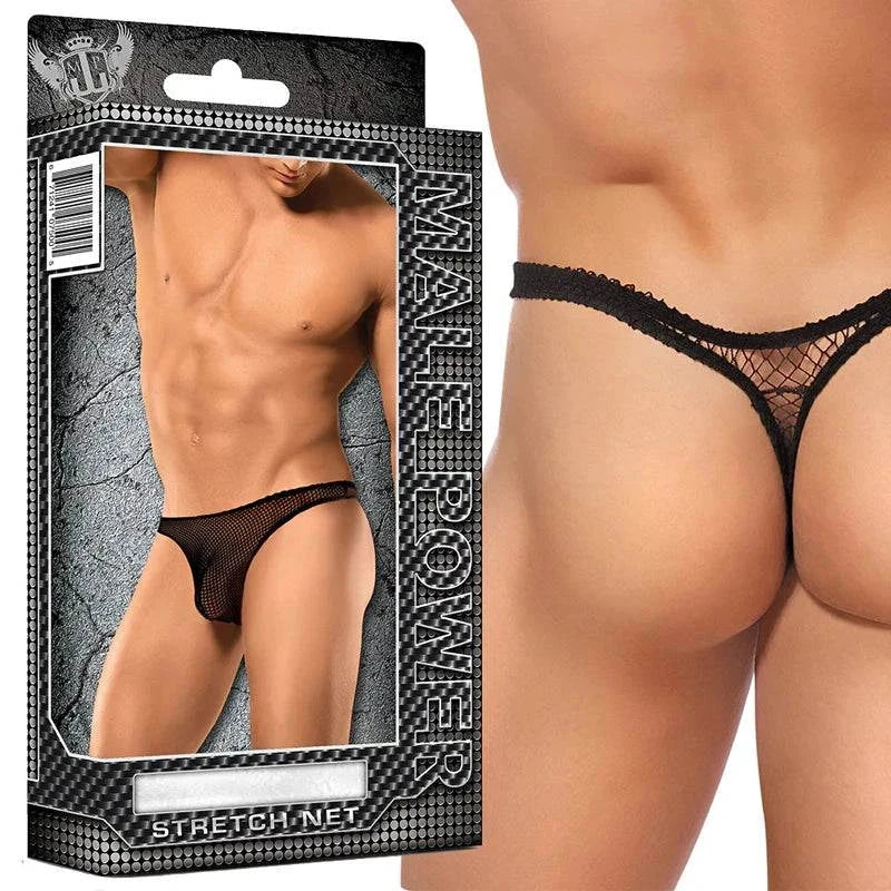 Male Power Stretch Net Bong Thong black men's underwear S/M showing front and back views