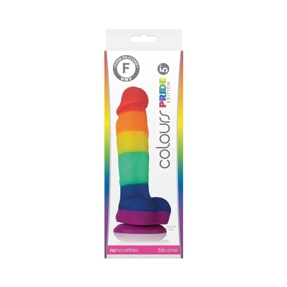 Colours Pride Edition 5 inch rainbow dildo in body-safe platinum silicone with suction base for hands-free use