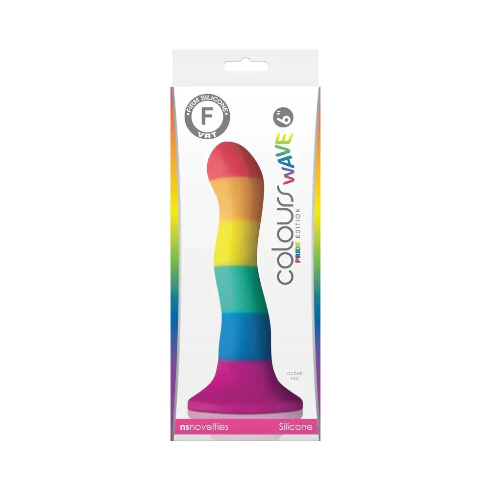 Colours Pride Edition Wave 6-inch rainbow dildo with suction base, silicone material, and harness compatible design