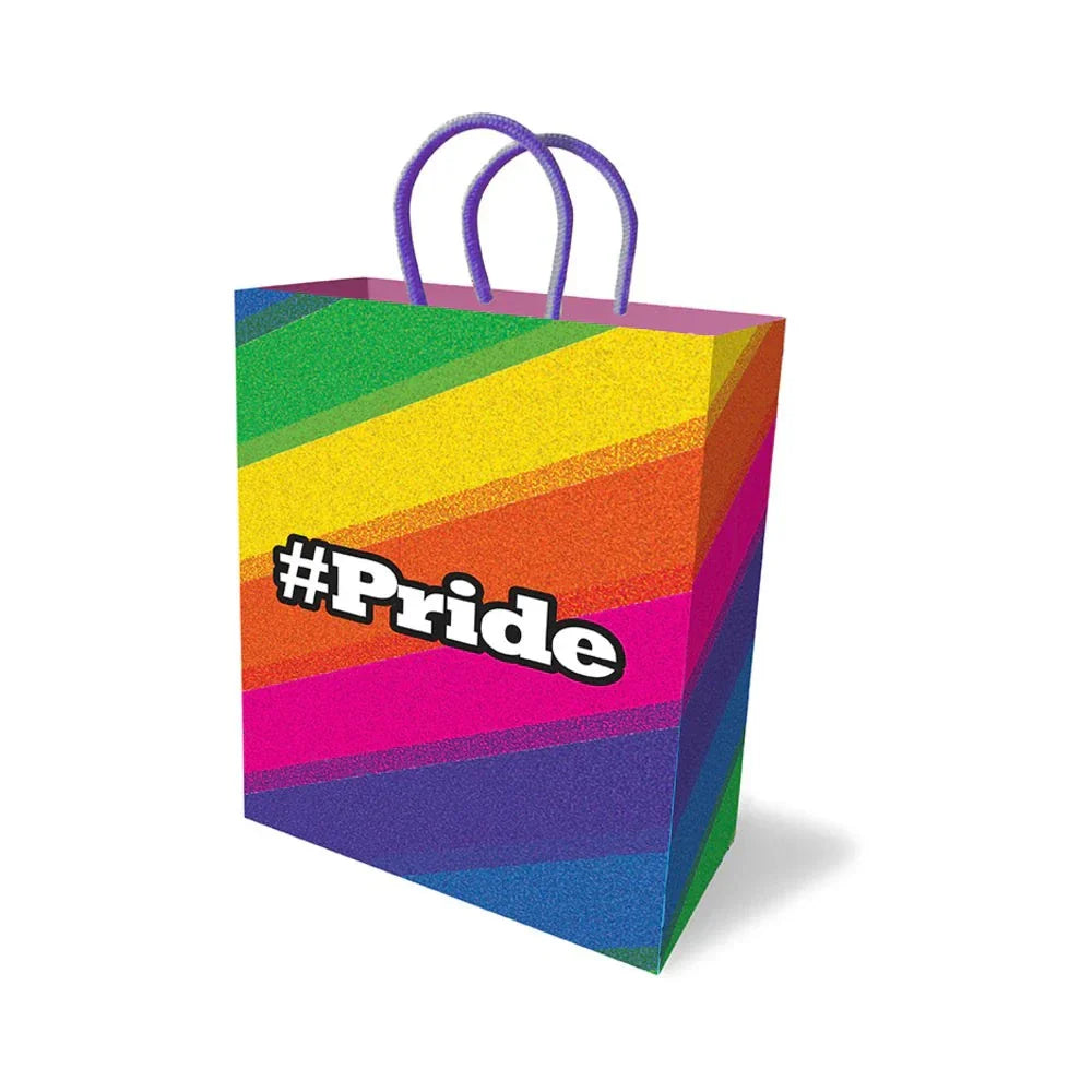 Colorful #Pride Gift Bag with rainbow design and woven handle.