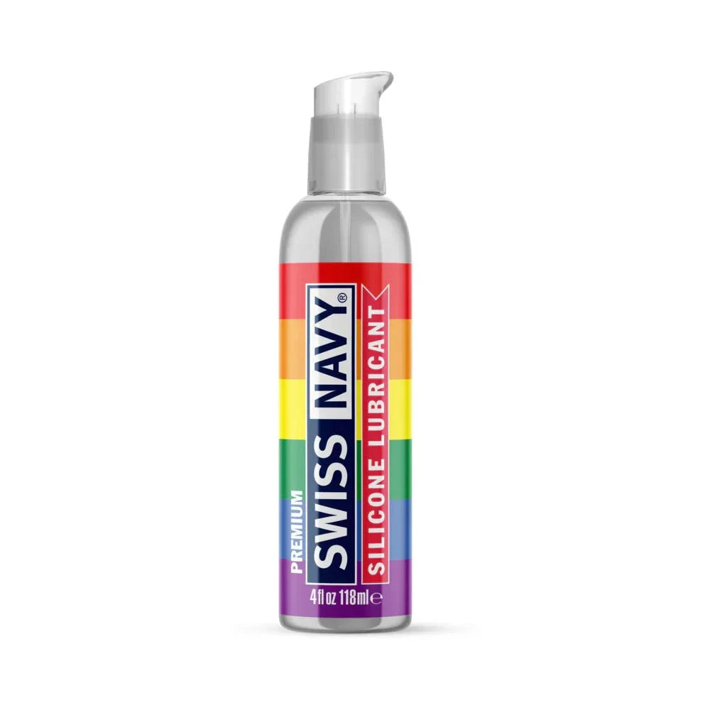 Swiss Navy Premium Silicone Pride Lubricant 4 oz bottle with rainbow design.