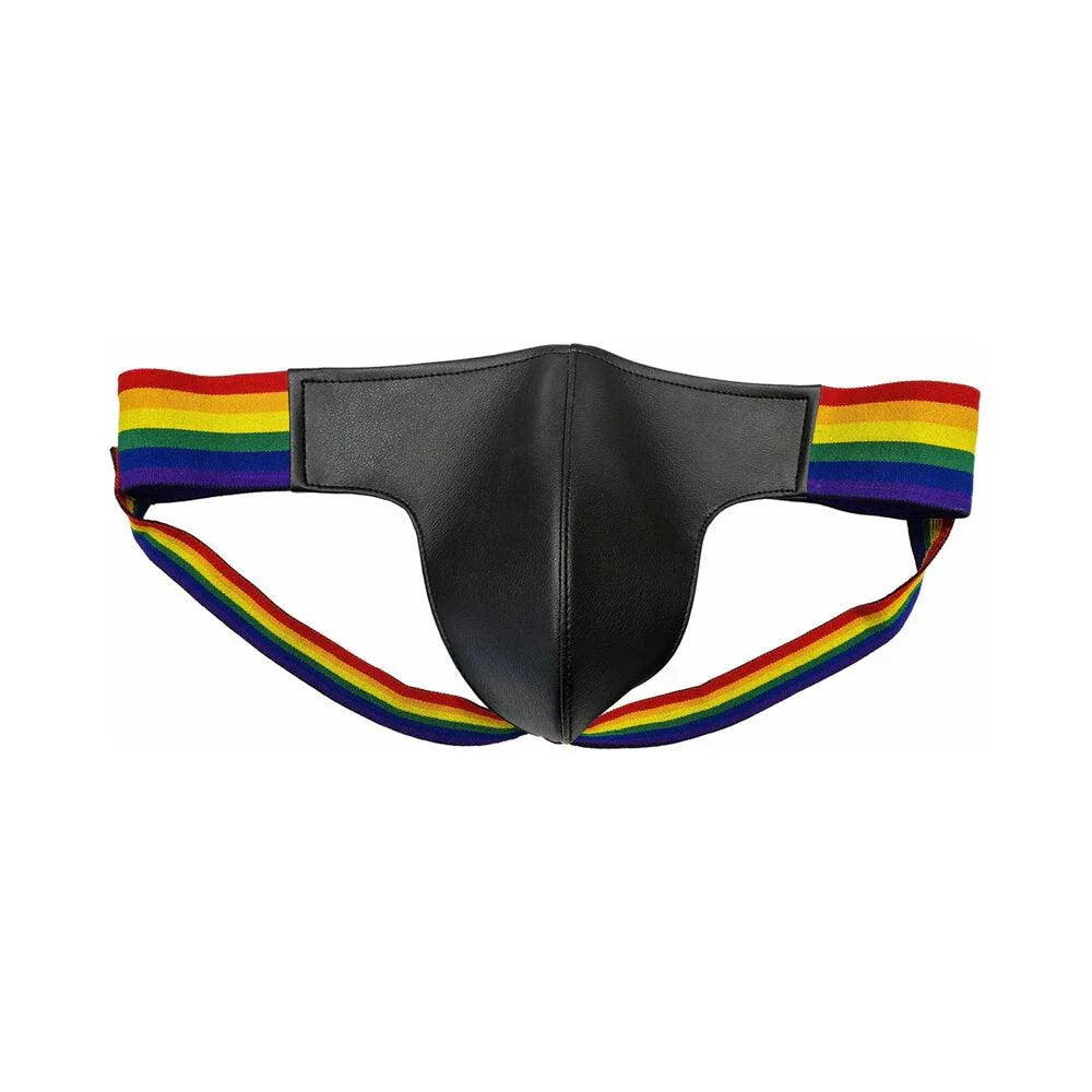 Rouge leather multicoloured pride jocks with rainbow waistband and bold design.