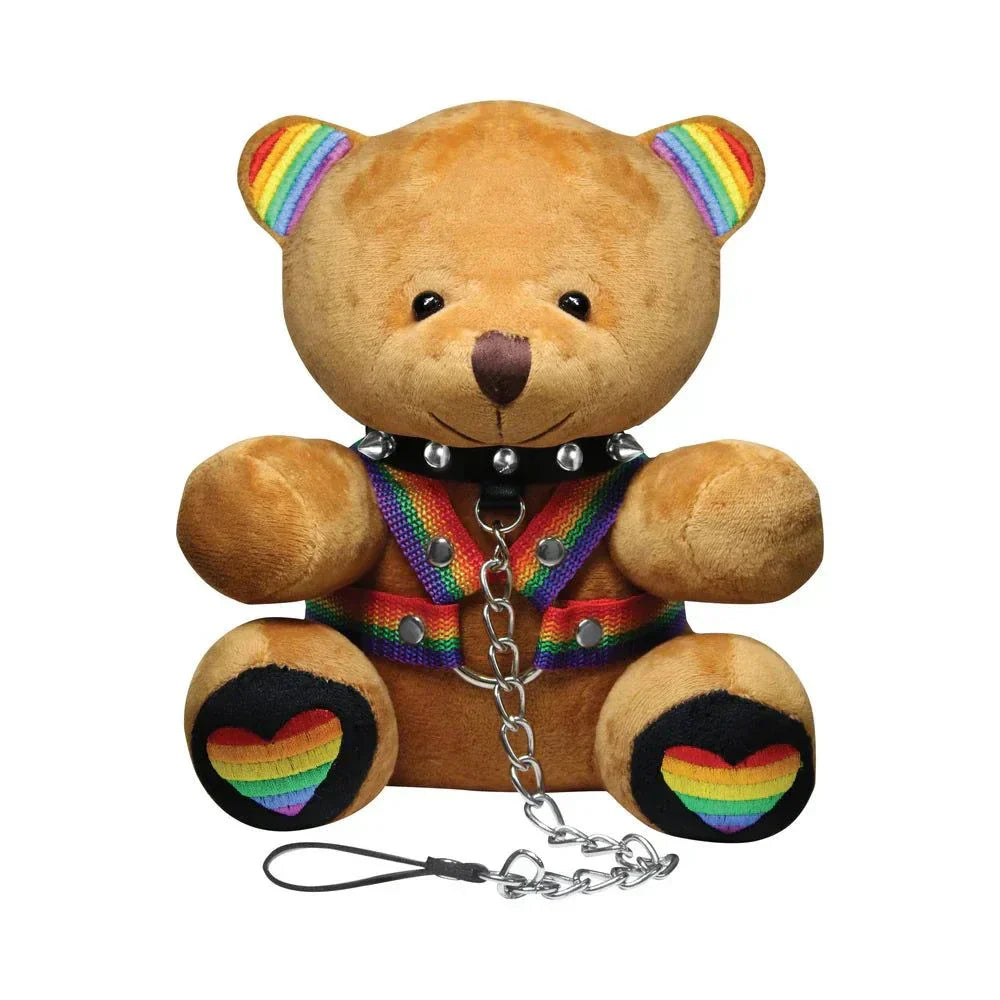 Master Series Pride Bear plush with rainbow ears, feet, harness, and spiked collar with leash