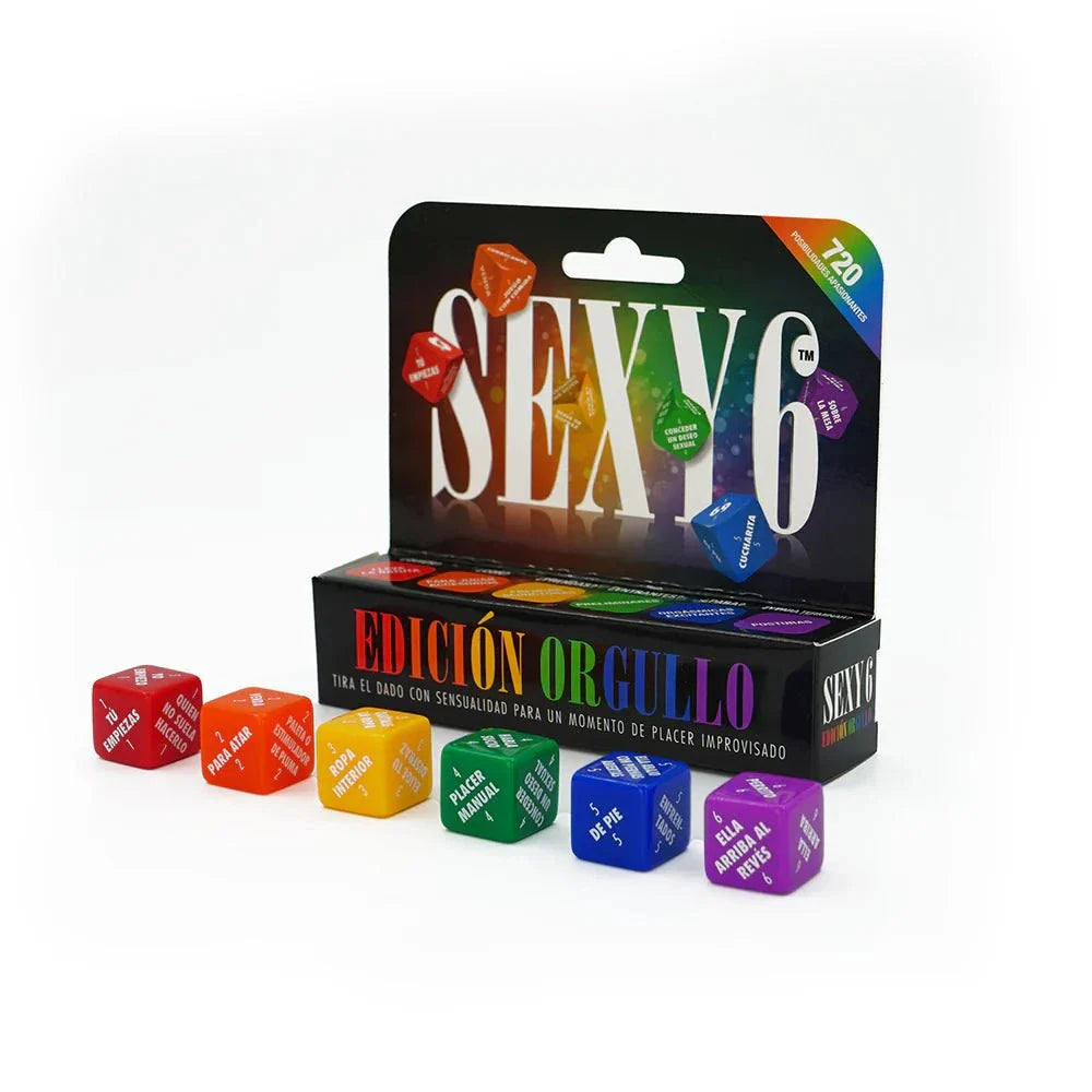 Sexy 6 Dice Game Pride Edition in Spanish, colorful dice set with 720 scenarios for couples' intimacy adventure.