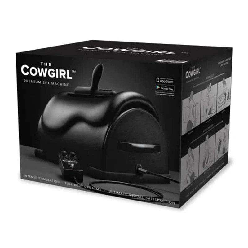 The Cowgirl Premium Riding Sex Machine packaging with product image and features.