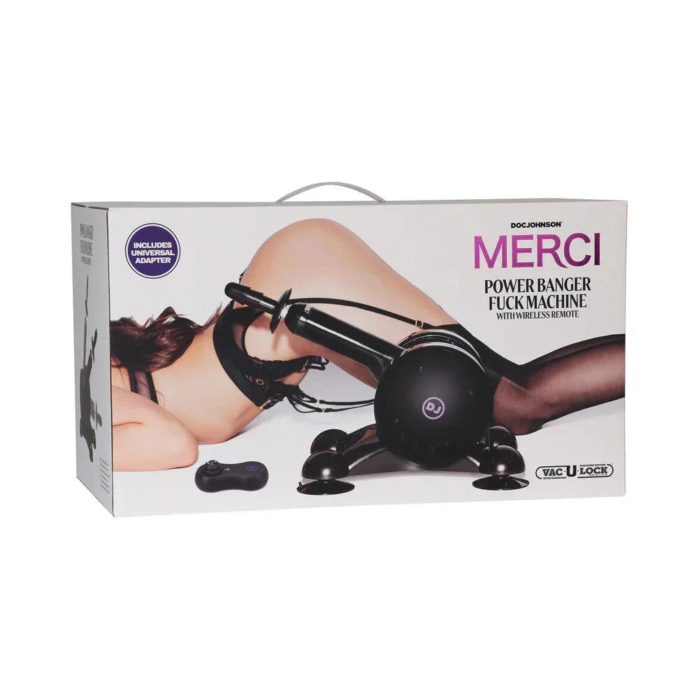 Merci Power Banger fuck machine with wireless remote and adjustable thrusting arm in packaging box.