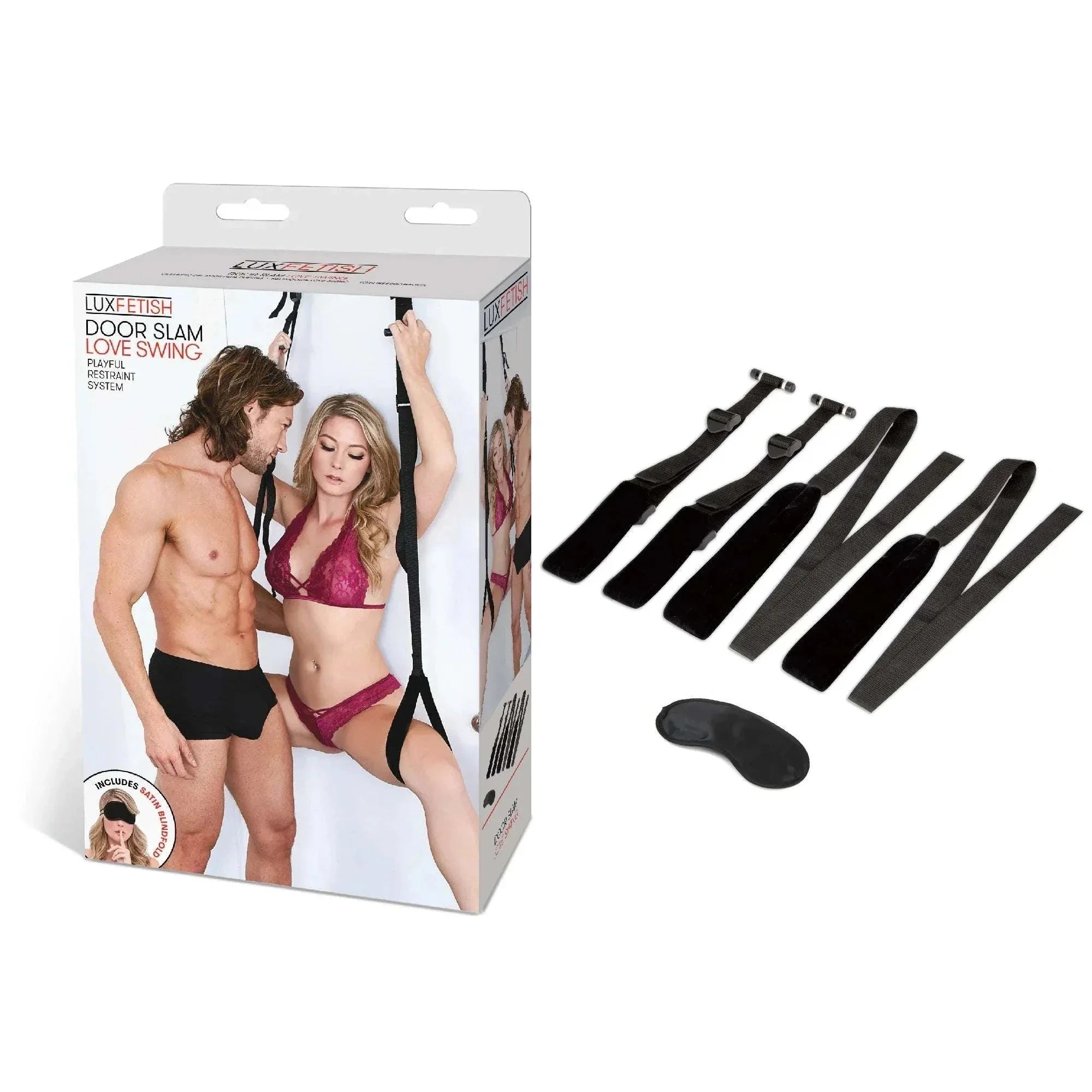 Lux Fetish Door Slam Love Swing packaging with straps, promoting exciting intimacy and easy installation.