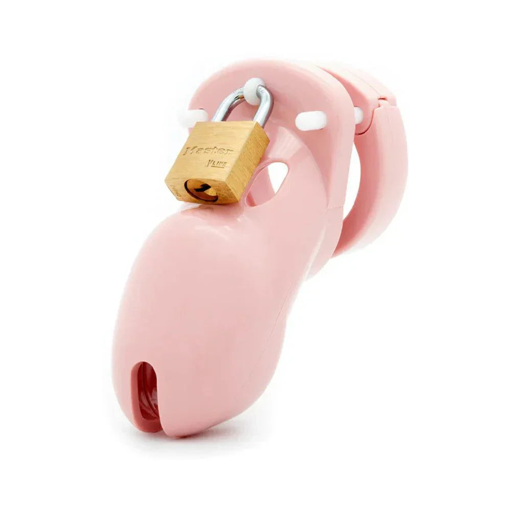 CB-3000 Pink Male Chastity device with brass lock, medical grade polycarbonate, vented design, and secure fit options