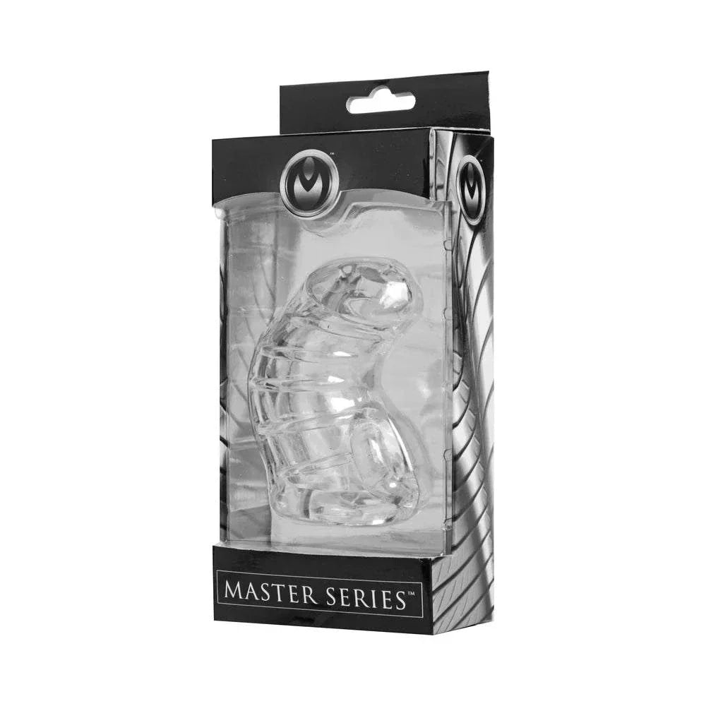 Clear Master Series Detained soft body chastity cage in packaging