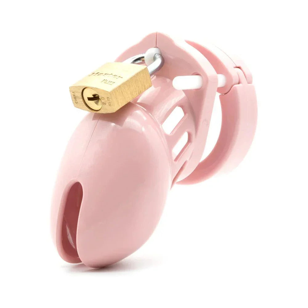CB-6000S male chastity cage in pink with brass lock and ventilation slots