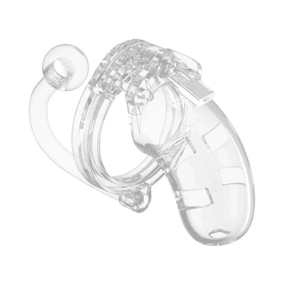 Clear Shots ManCage Model 10, 3.5-inch chastity cock cage with plug for BDSM play.