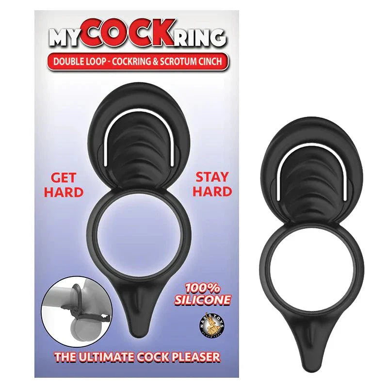 Black double loop cockring and scrotum cinch made of 100% silicone for enhanced performance and comfort