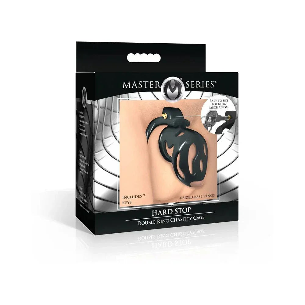 Master Series Double Ring Chastity Cage packaging featuring robust black design, user-friendly locking mechanism, and adjustable rings for comfort and security.
