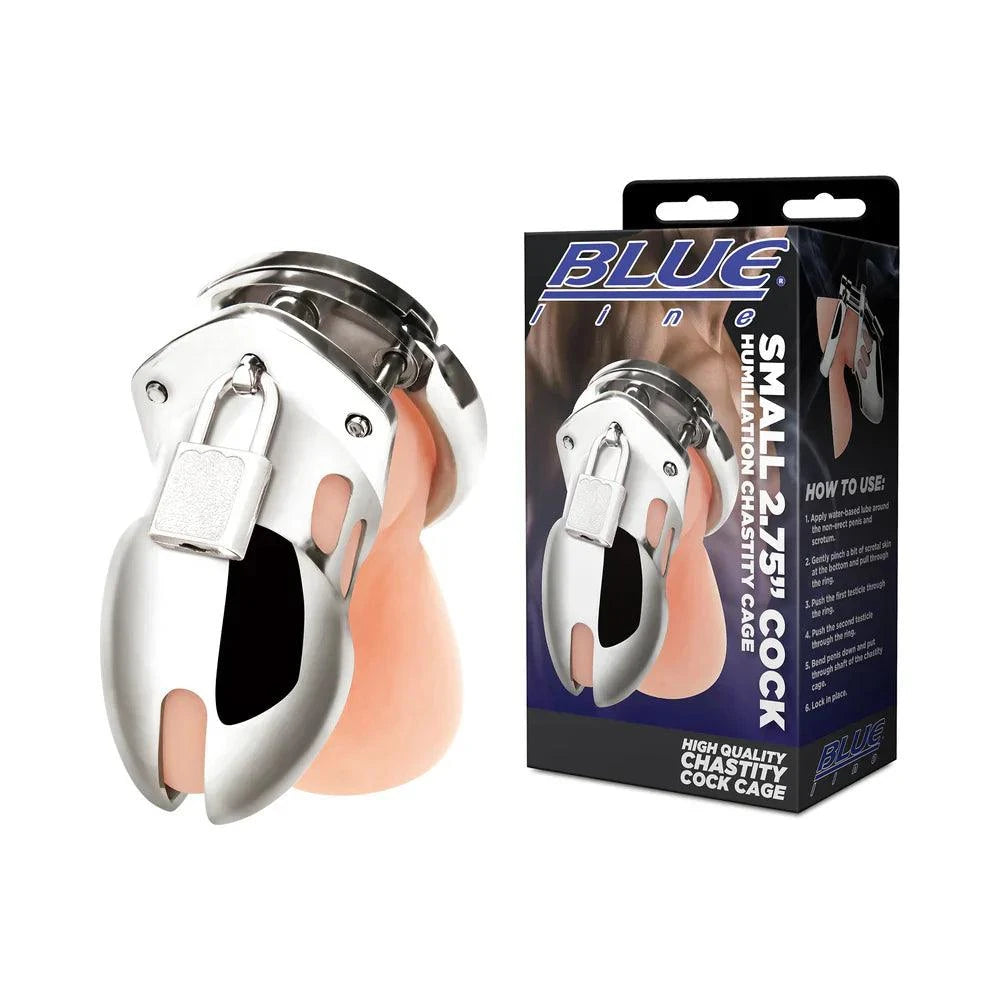 Blue Line Small 2.75 in. stainless steel chastity cage with lock, ergonomic design for secure and comfortable wear.