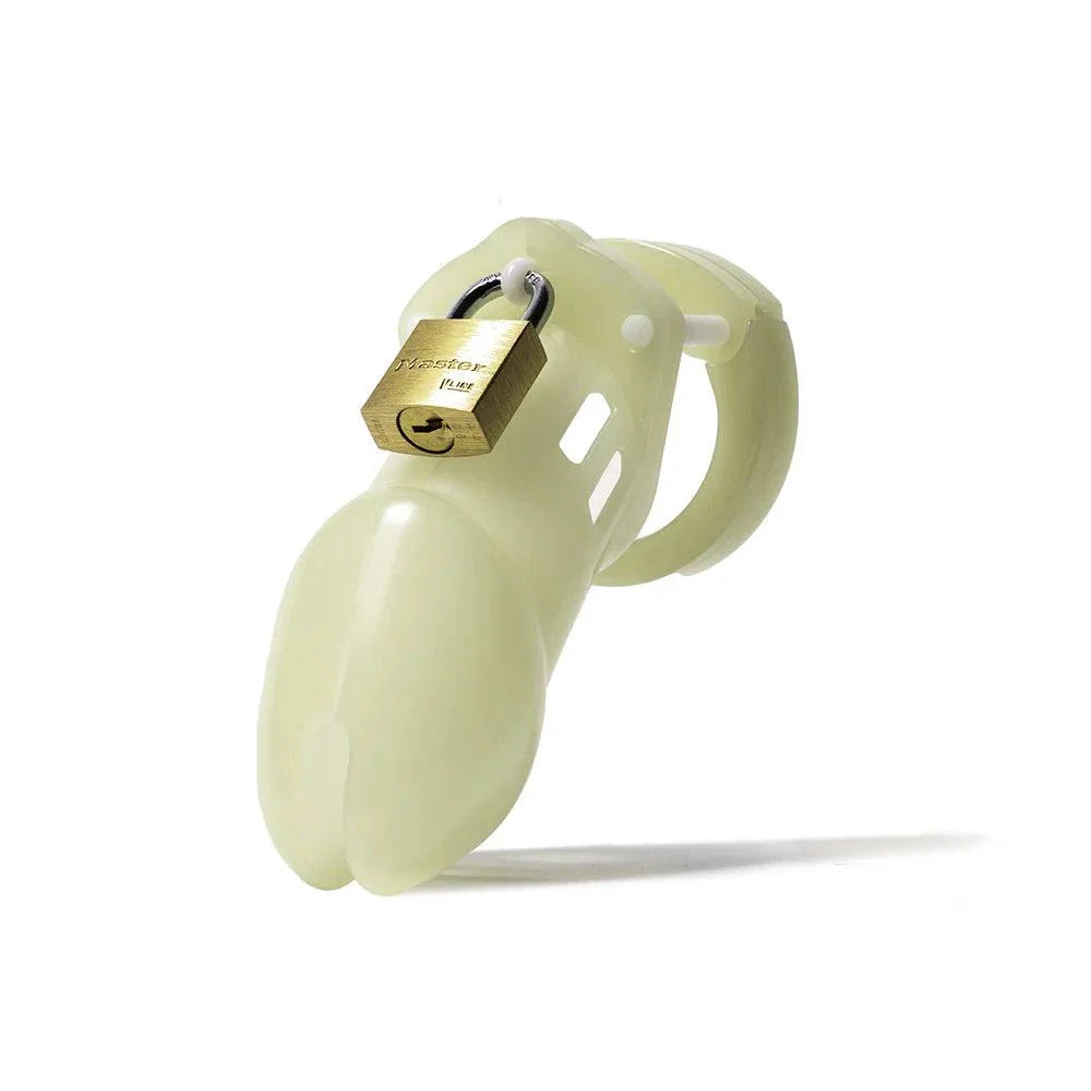 CB-6000 Glow-in-the-Dark chastity cage kit with brass lock, medical-grade plastic, and adjustable rings for secure fit