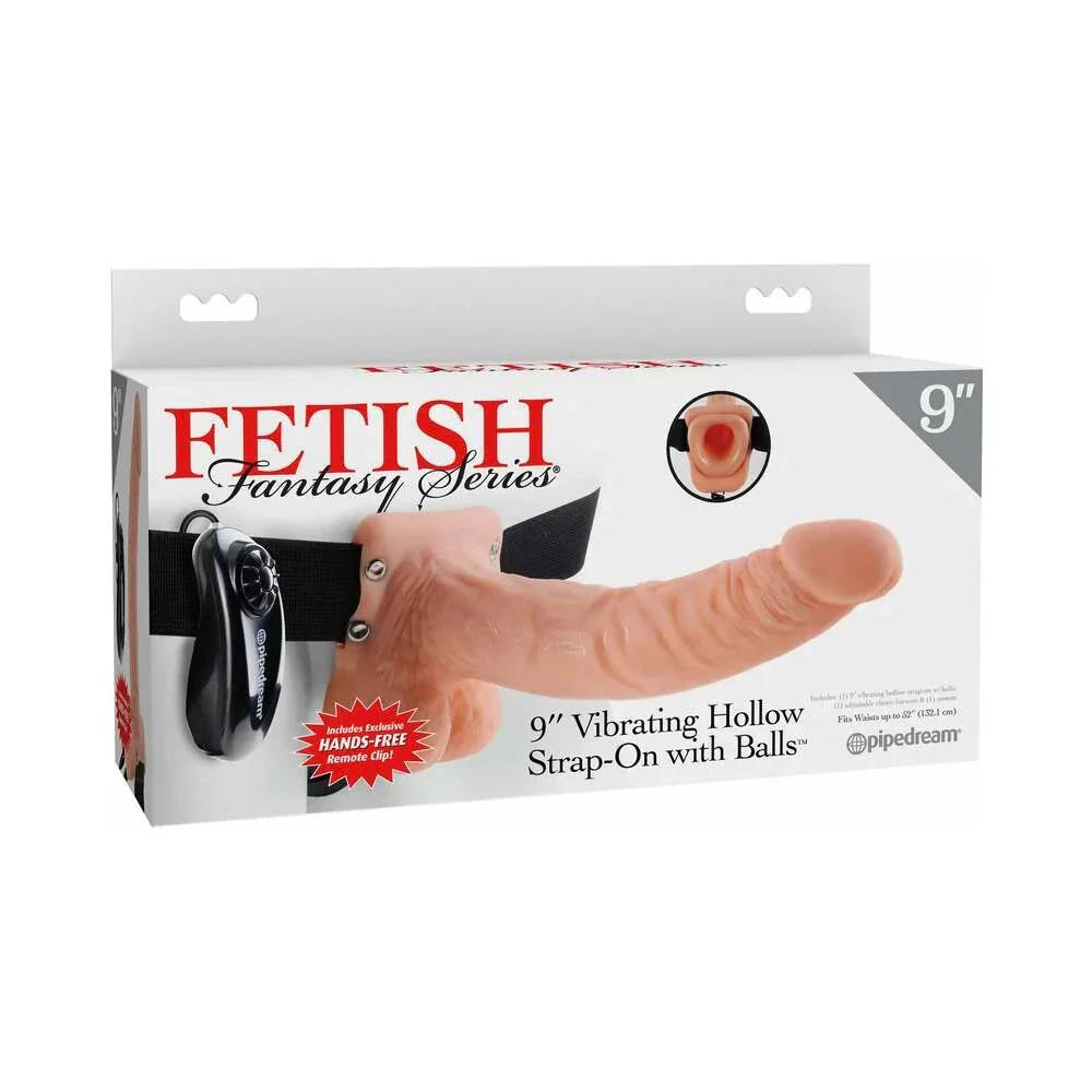 Fetish Fantasy Series 9-inch vibrating hollow strap-on with balls in beige and black with adjustable elastic harness and hands-free remote control.