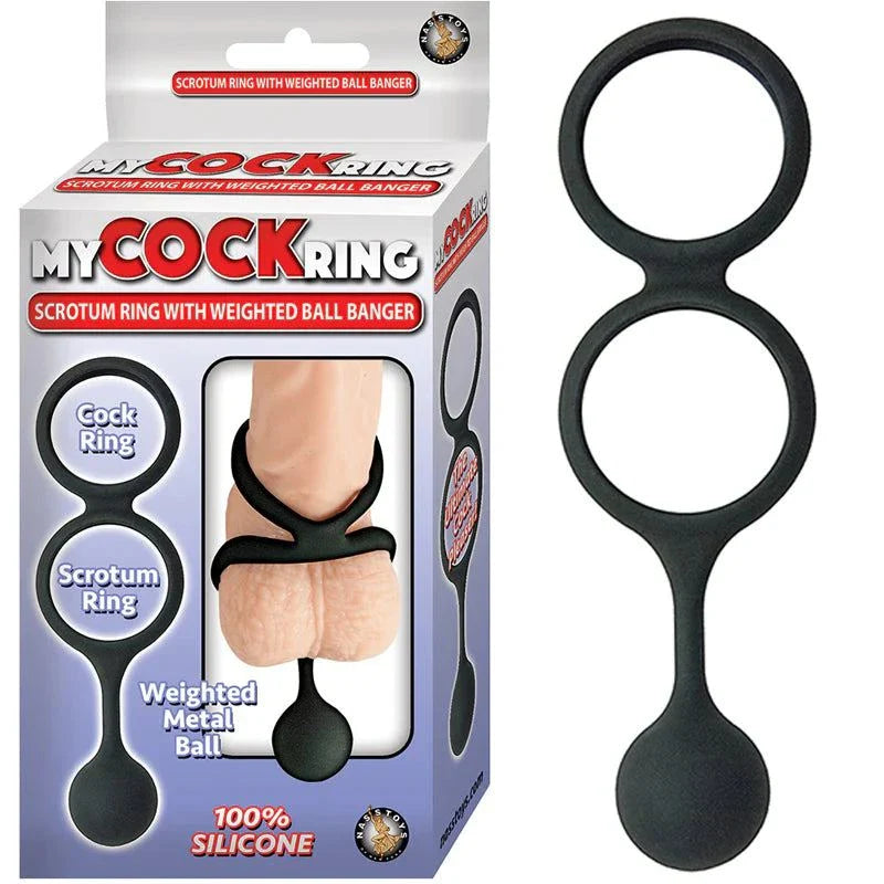 Black silicone My Cock Ring with scrotum ring and weighted ball banger for enhanced pleasure and support.