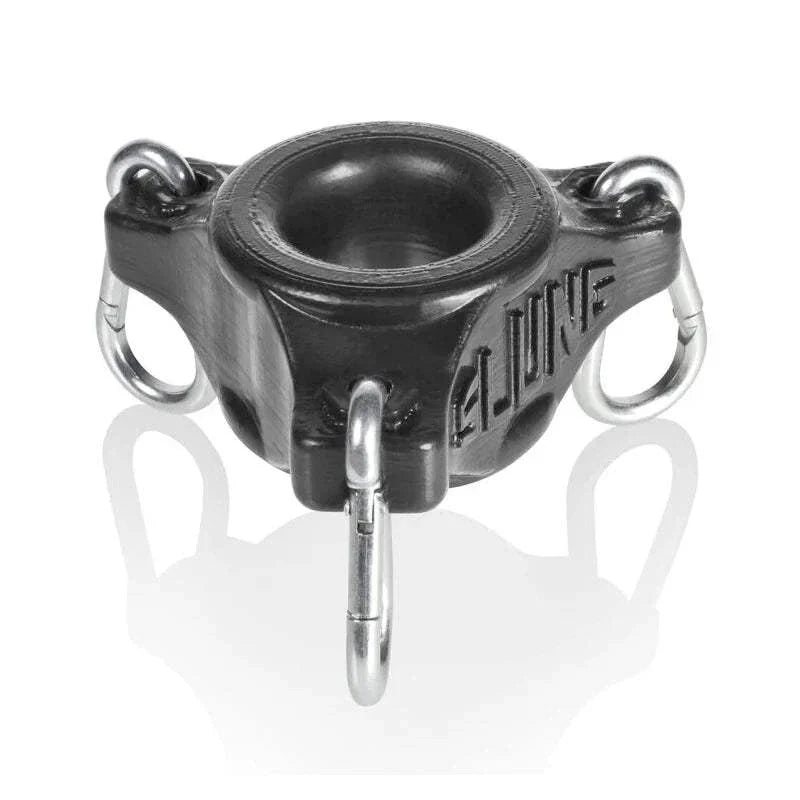 OxBalls Slung ballstretcher with three aluminum carabiners, black silicone.