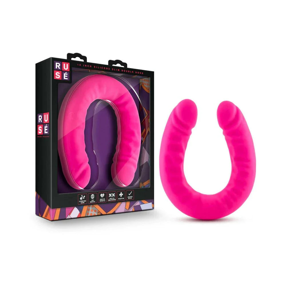 Realistic 18 inch pink silicone slim dual-ended dildo by Ruse and Dr. Skin in U-shape for versatile intimate use
