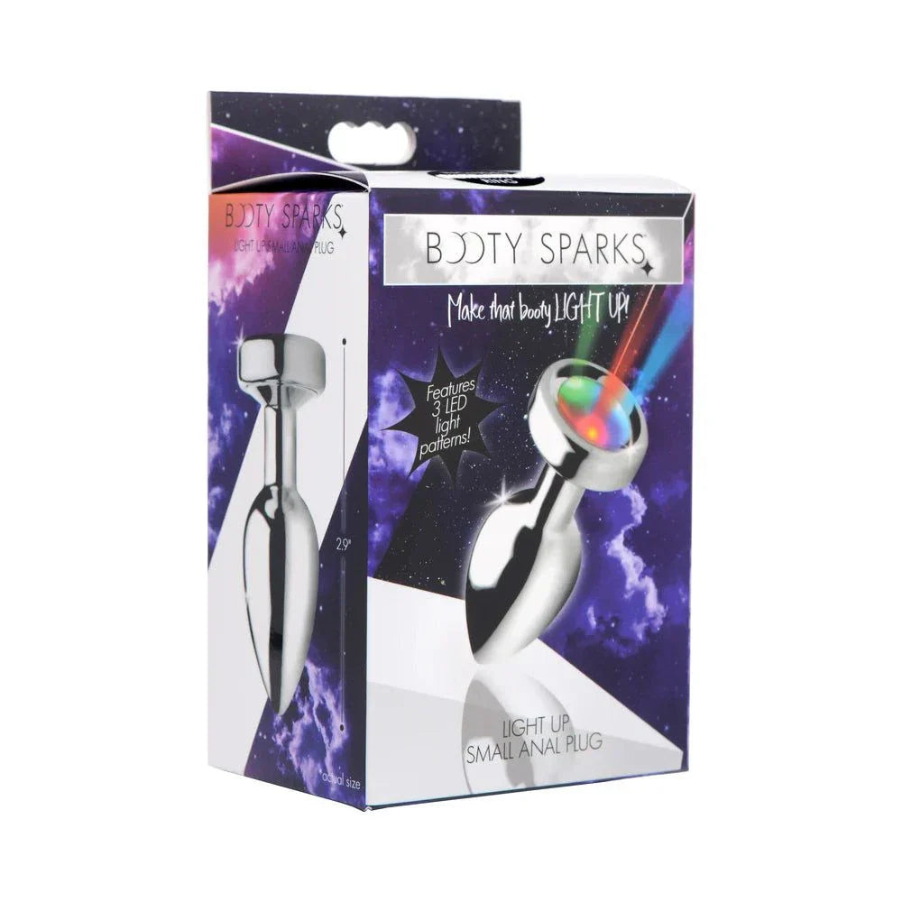 Booty Sparks Light Up Anal Plug S with sleek metal design and 3 LED light patterns for playful intimate experiences.
