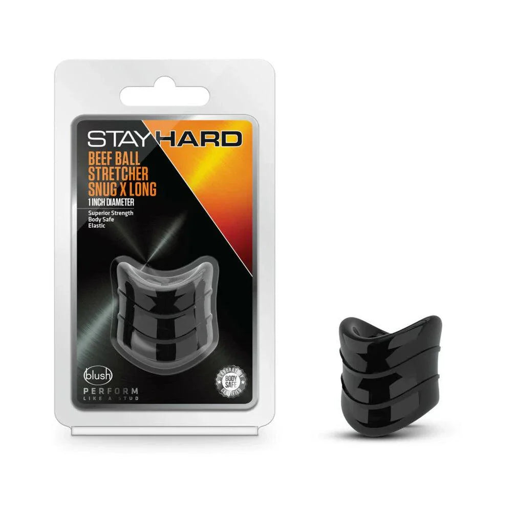 Stay Hard Beef Ball Stretcher Snug X Long 1 inch black flexible body-safe TPE ring for intimate play