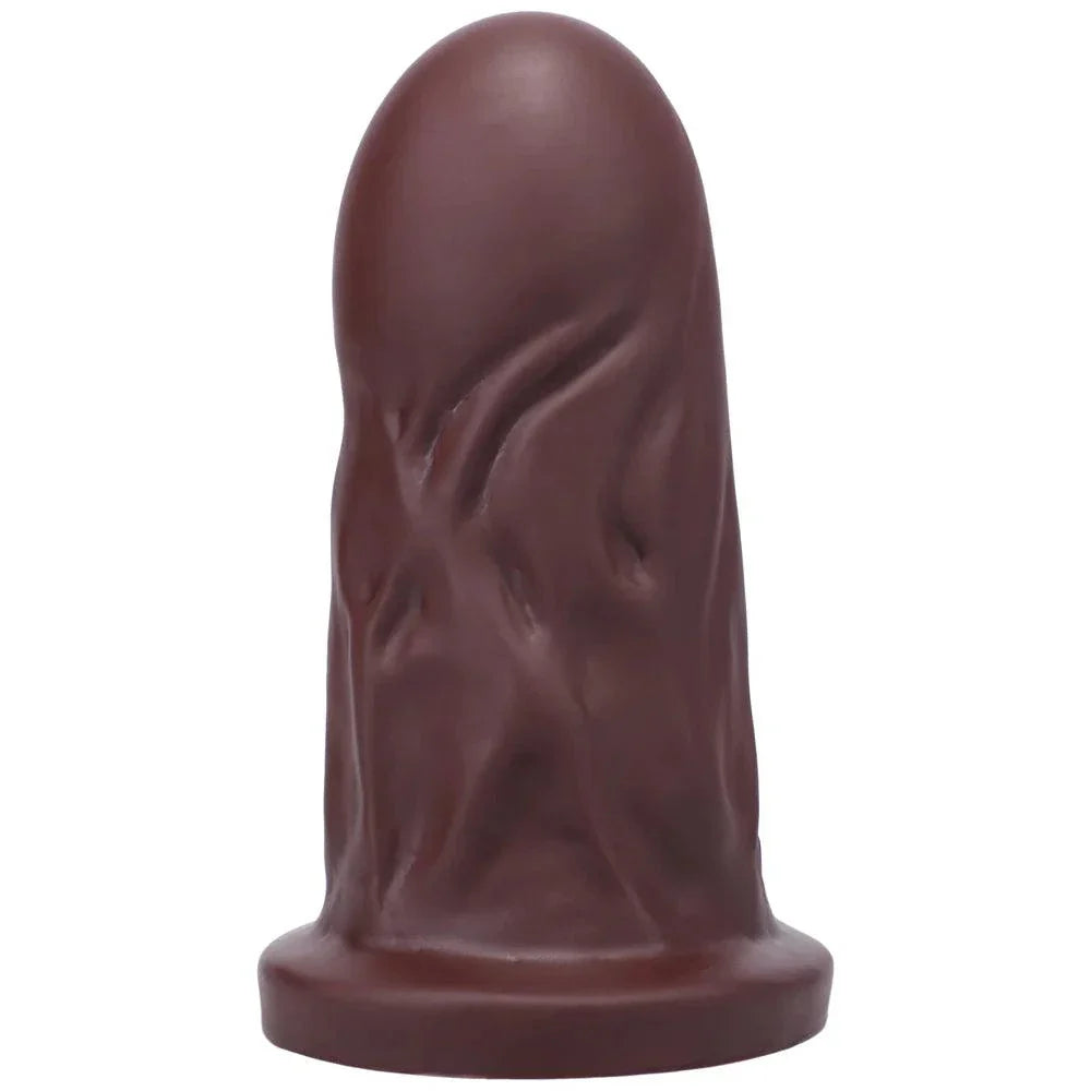 Tantus Mr. Universe firm garnet silicone dildo with 3-inch diameter and 7-inch insertable length, ergonomic design and sturdy base.