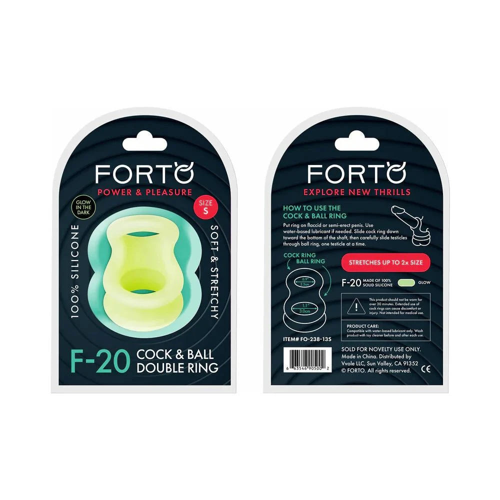 Liquid silicone cockring and ball stretcher packaging featuring Forto F-20 design.