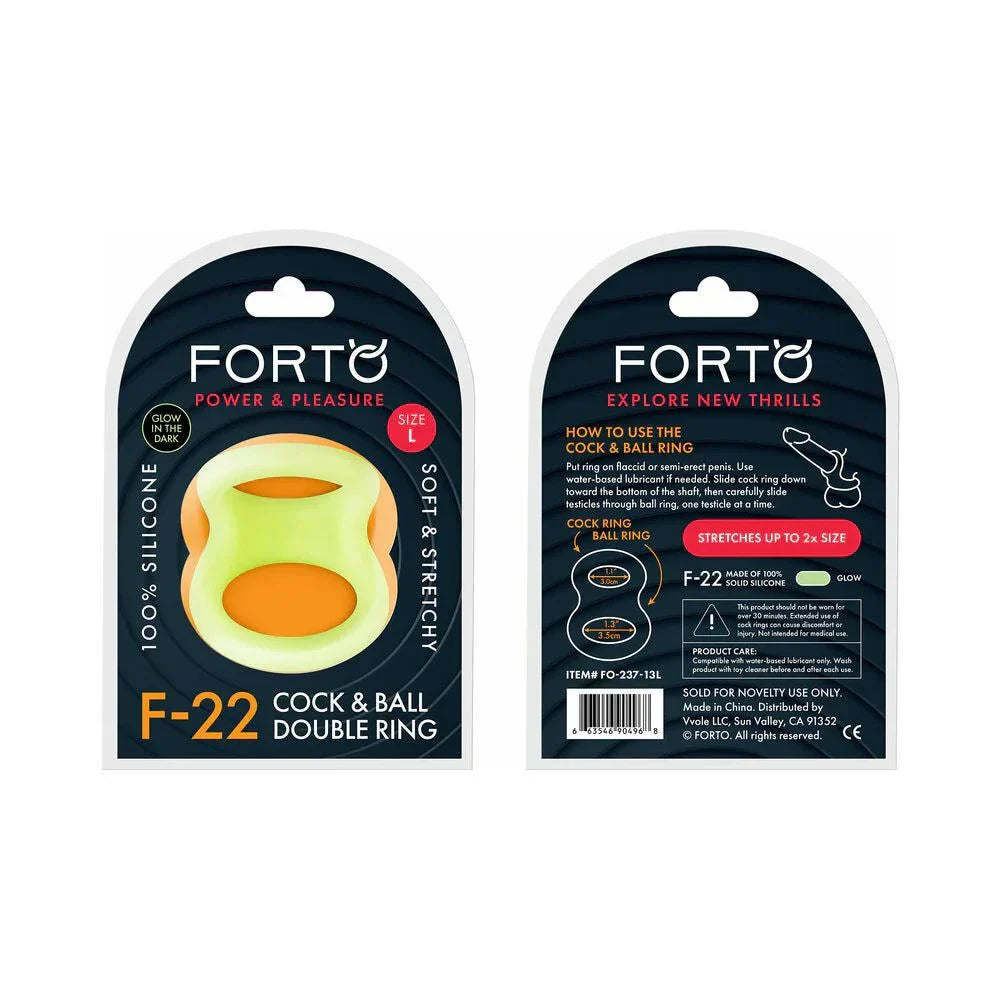 Forto F-22 Liquid Silicone cock and ball double ring in glow-in-the-dark, soft and stretchy, available in multiple sizes and finishes.
