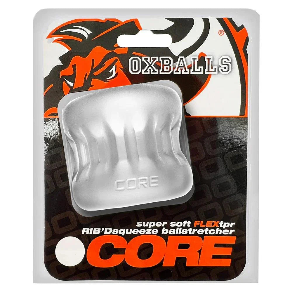 OxBalls Core Gripsqueeze ballstretcher in clear ice with ribbed design and soft silicone for comfort and secure fit
