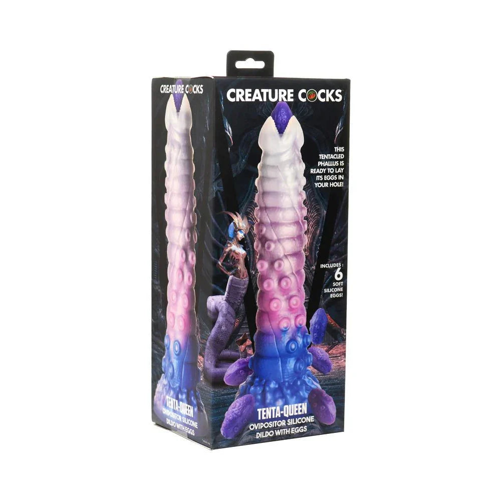 Creature Cocks Tenta-Queen Ovipositor Silicone Dildo with Eggs packaging showing vibrant colors and unique design features.