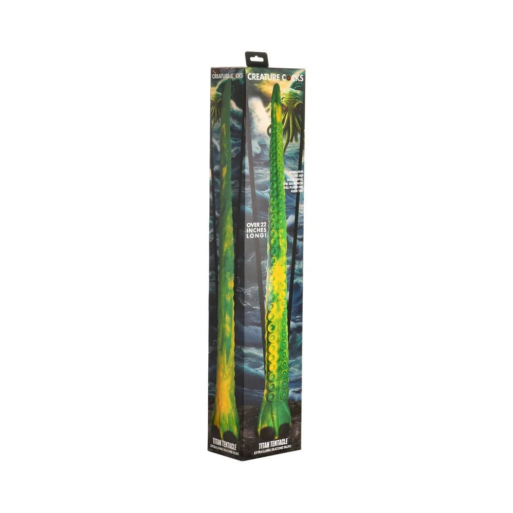 Creature Cocks Titan Tentacle extra long green and yellow silicone dildo with textured suckers and suction cup base in packaging
