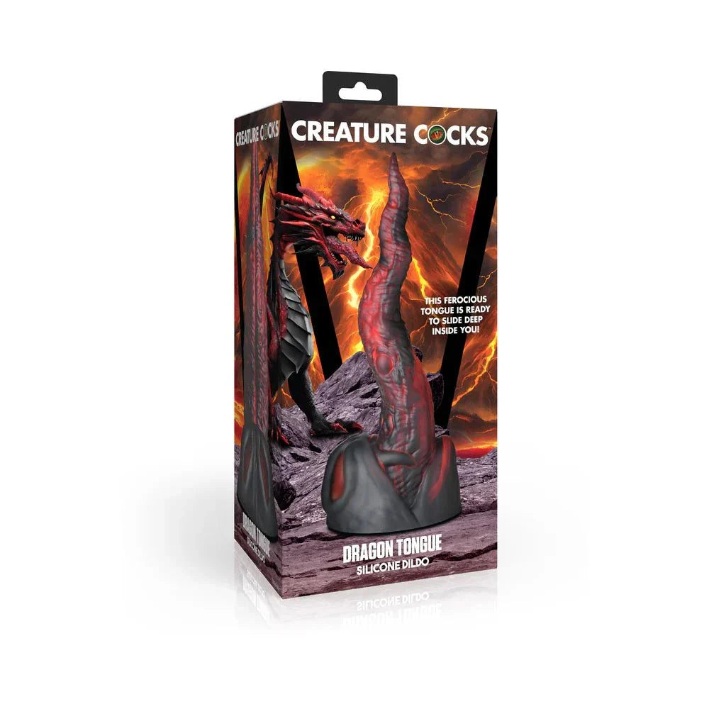 Creature Cocks Dragon Tongue silicone dildo with dragon-inspired design and suction-cup base in fiery packaging