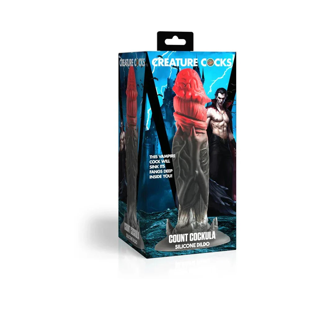 Creature Cocks Count Cockula vampire-themed silicone dildo with textured shaft and suction base in packaging