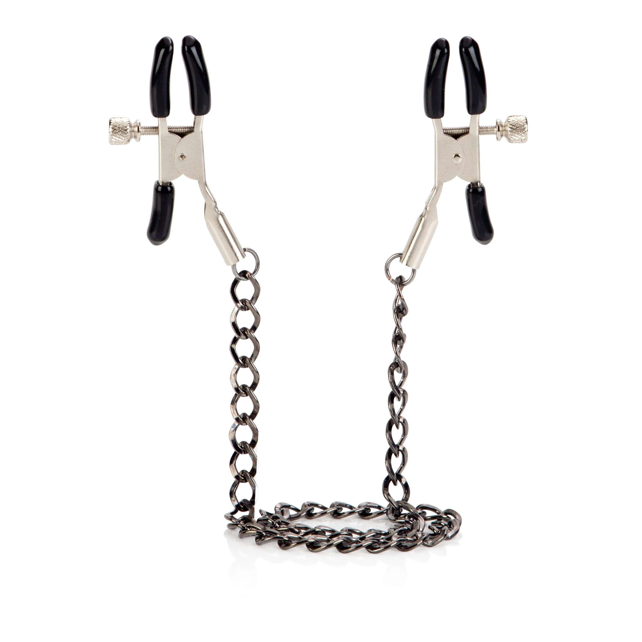 Adjustable First Time Fetish Nipple Teasers with padded black tips and linked chain for comfortable intimate play
