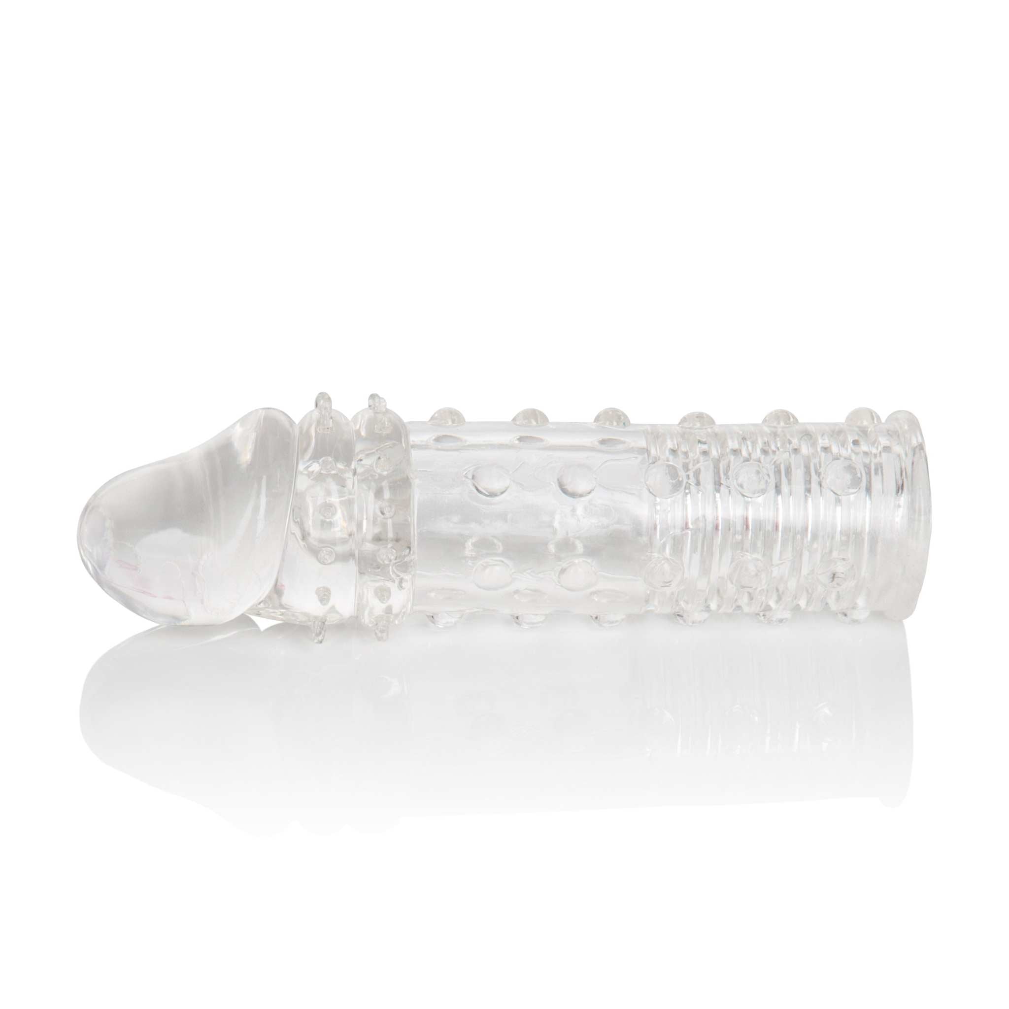 Clear Apollo Extender with textured ribbing for enhanced intimate pleasure and 2-inch length boost
