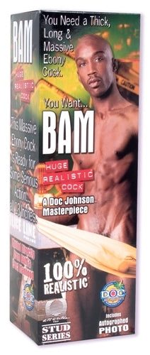 Bam Huge 13 Inch Realistic Cock packaging with Vac-U-Lock suction cup, featuring lifelike texture and design.