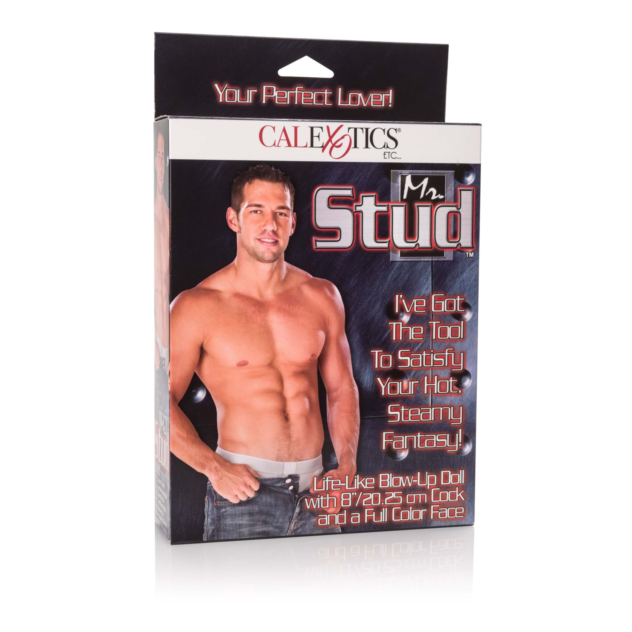 Mr. Stud Love Doll packaging featuring a muscular male design and detailed product highlights.