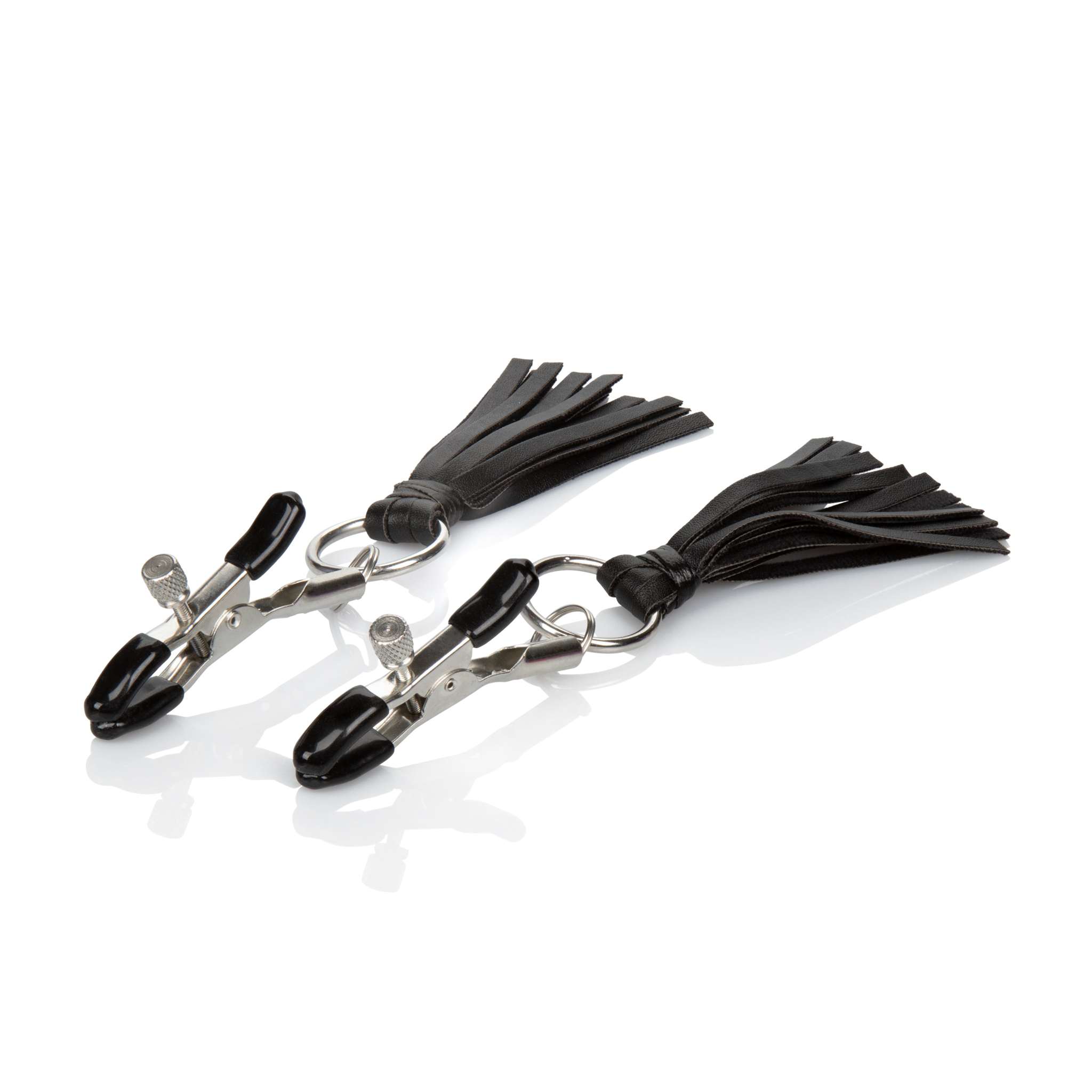 Nipple Play® Playful Tassels Nipple Clamps in black with vegan leather tassels for adjustable sensory experience.