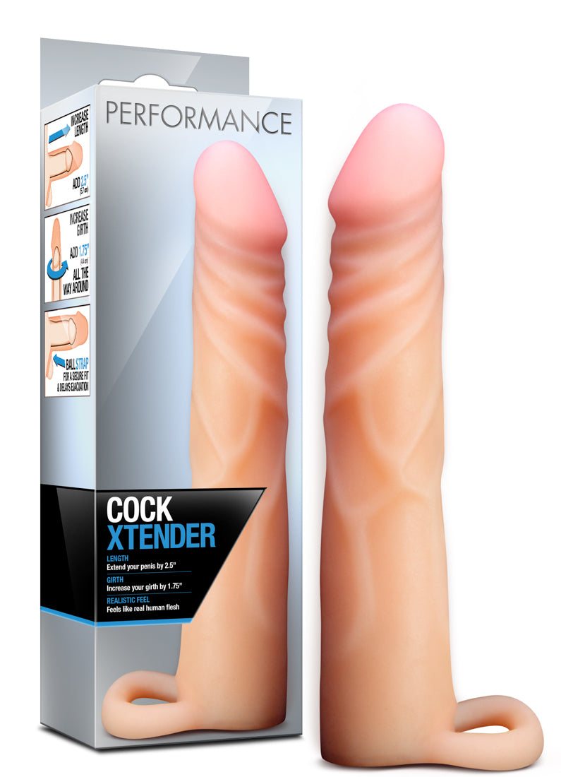 Cock Xtender - Natural enhancement device with realistic skin texture and stretchy scrotum ring for increased length and girth.