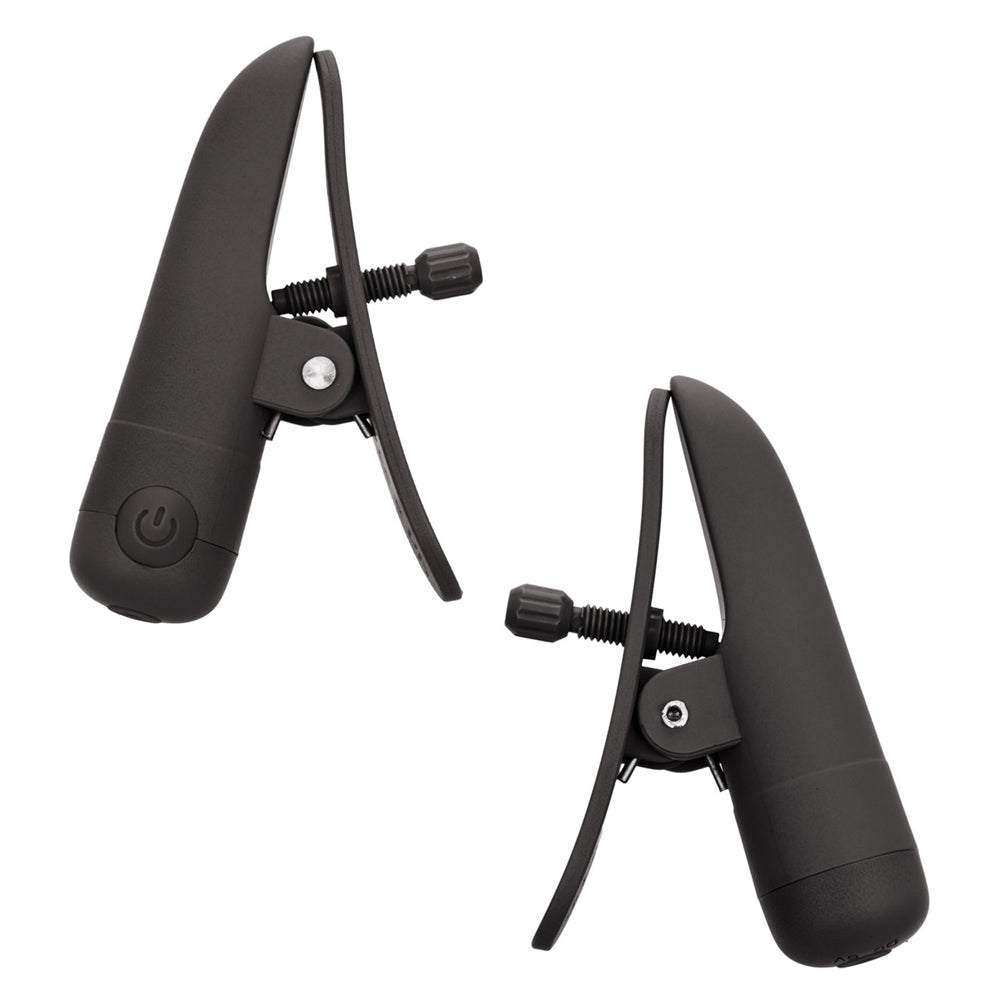 Black rechargeable vibrating nipple clamps by Nipple Play Nipplettes, featuring adjustable design and waterproof functionality.