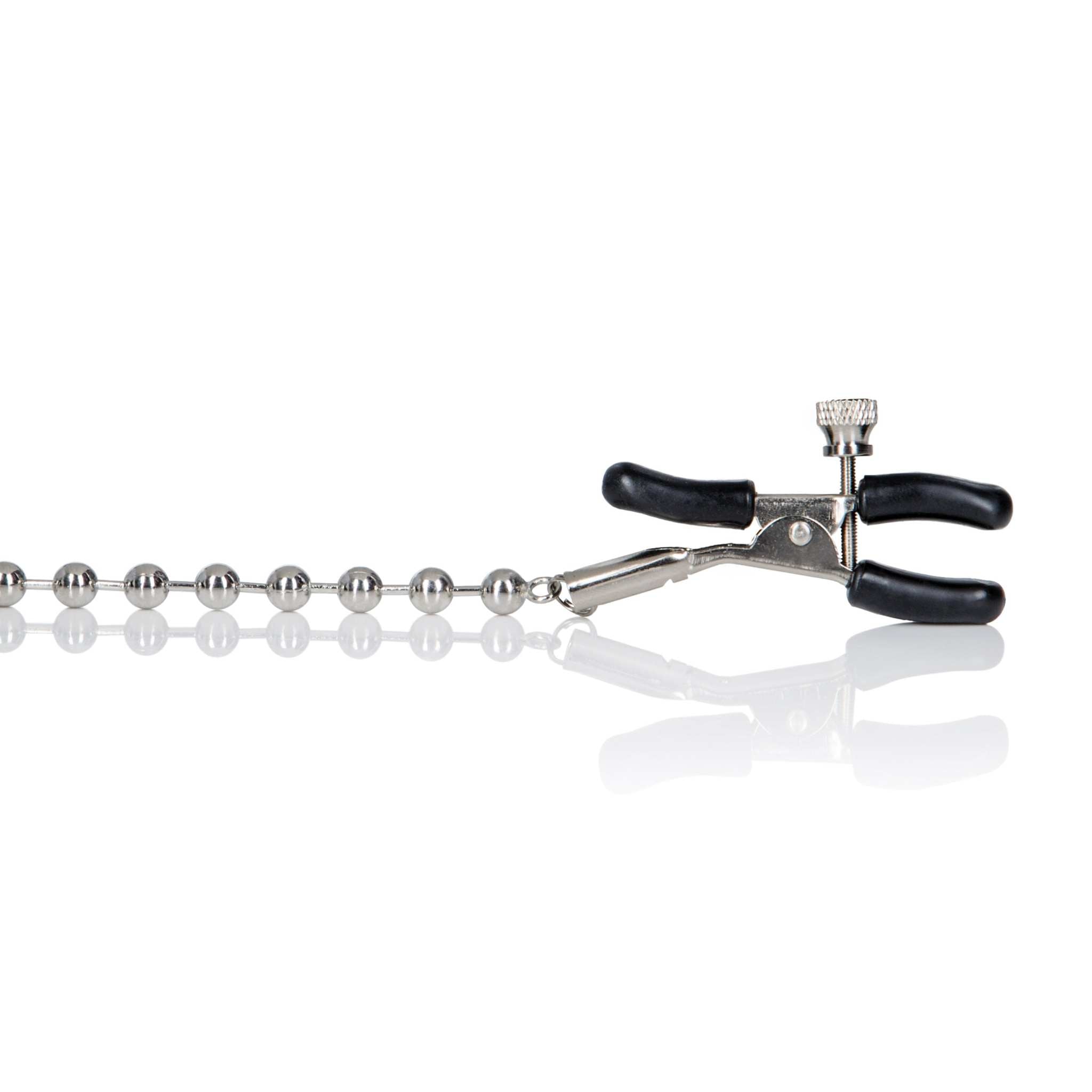 Silver Beaded Nipple Clamps with adjustable rubber-coated tips and elegant silver beads for aesthetic allure.