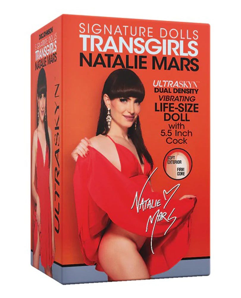 Signature Dolls - Transgirl Natalie Mars life-size replica in red, with ULTRASKYN material and 5.5-inch cock, displayed on packaging.