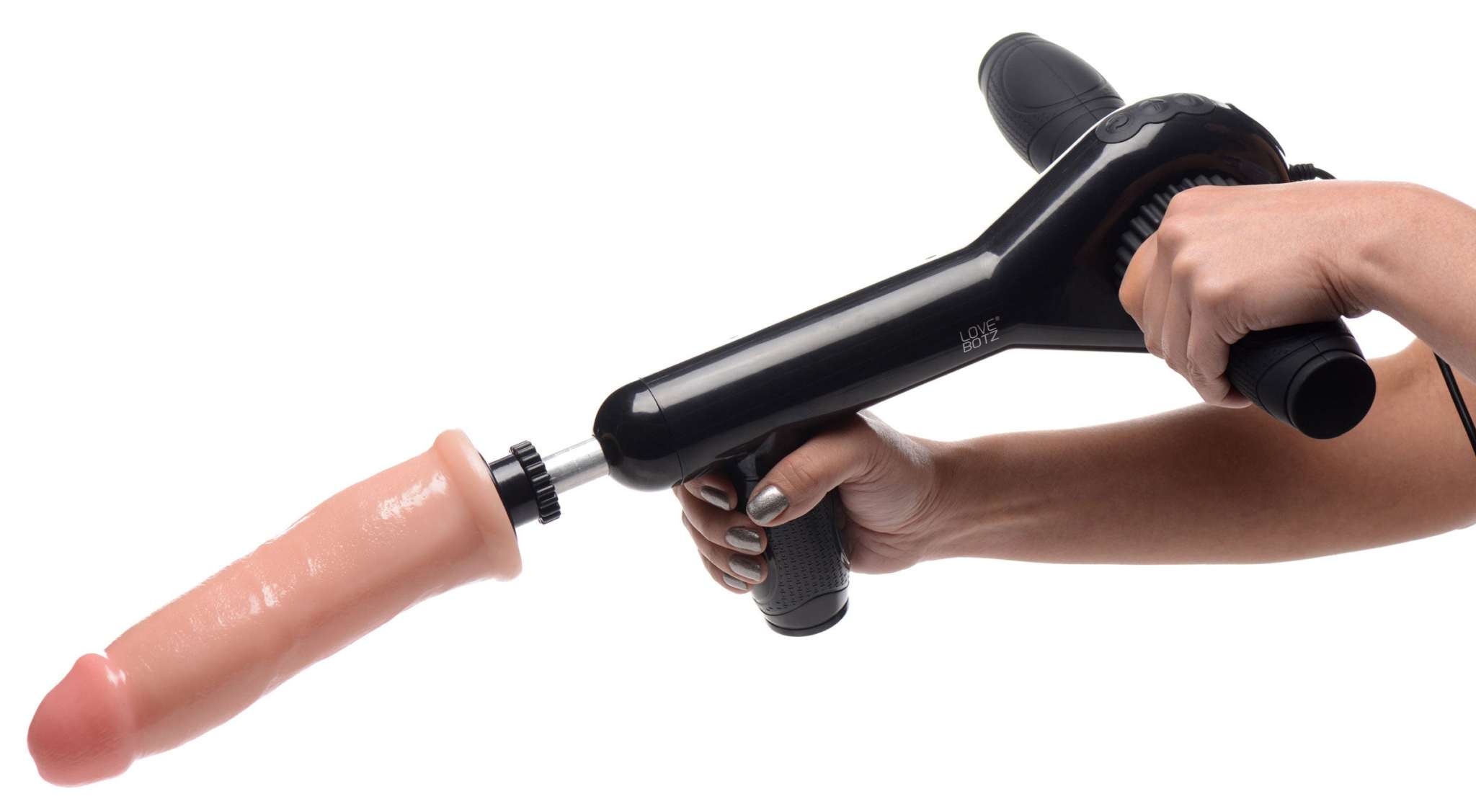 Pro-Bang Sex Machine with remote control and realistic dildo attachment held in hand on white background