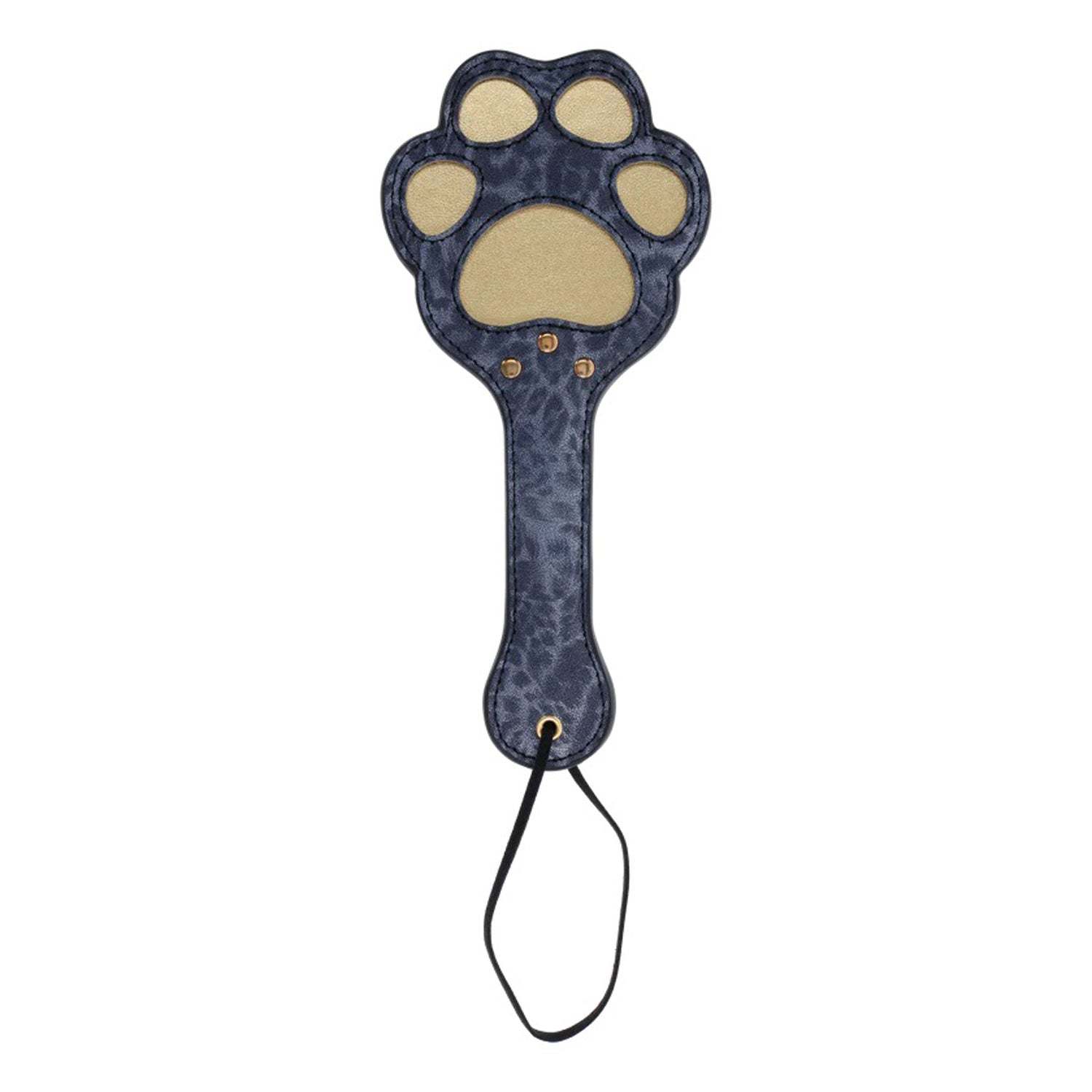 Cougar Paw Paddle in blue leopard faux leather with paw-shaped cutouts and wrist loop for playful use