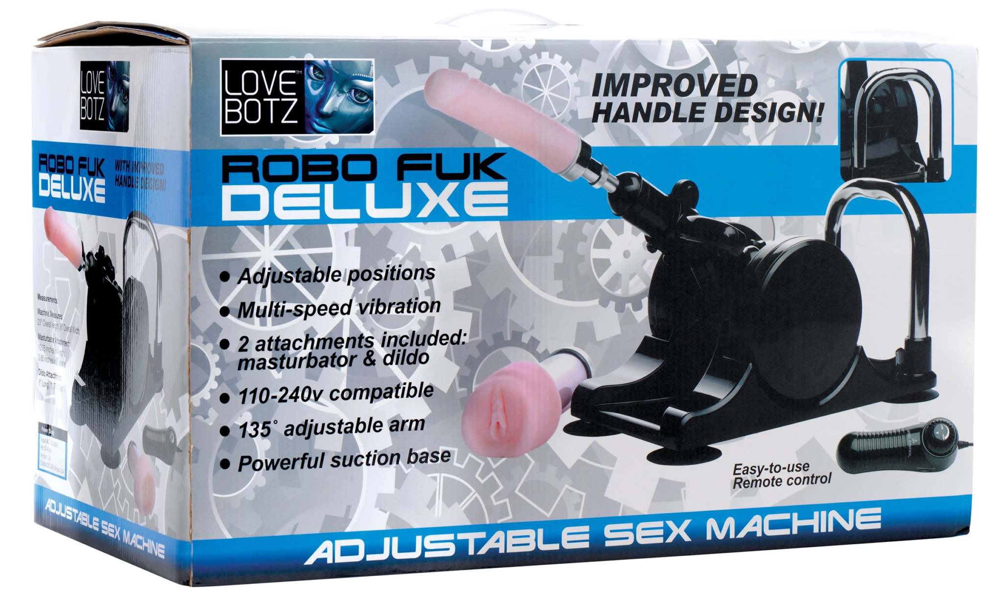 Lovebotz Robo Fuk Deluxe adjustable sex machine with multi-speed vibration, two attachments, suction base, and remote control in packaging box