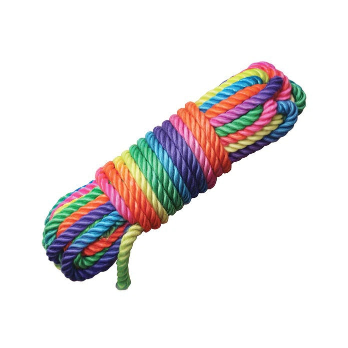 16ft neon rainbow-colored rope for bondage with coreless twisted nylon construction and metal-capped ends
